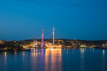 Long exposure shot of a funfair at night