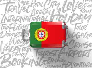 Portugal flag suitcase travel background. 3D Render