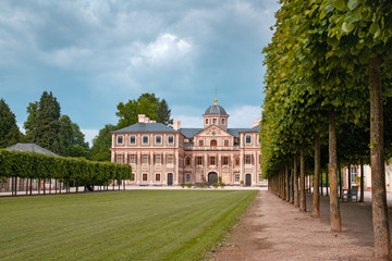 Side view on Schloss Favorite Rastatt castle and garden in Rastatt, Germany