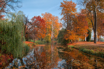 View on lake reflections of fall foliage
