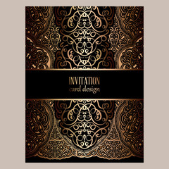 Wedding invitation card with black and gold shiny eastern and baroque rich foliage. Ornate islamic background for your design. Islam, Arabic, Indian, Dubai.