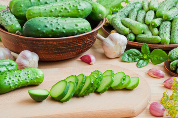 Fresh cucumbers on a wooden table