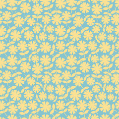 Elegant yelllow flowers in ditsy floral design. Seamless vector pattern on aqua blue background. Great for wellness, beauty, baby, spa, garden products, texture, home decor, stationery, fabric