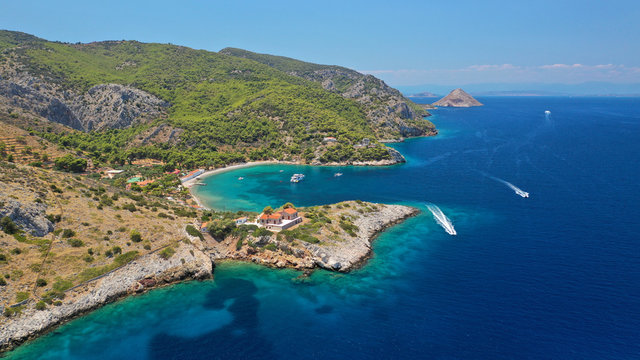 Aerial drone photo of small bay of Molos in picturesque island of Ydra or Hydra, Saronic gulf, Greece