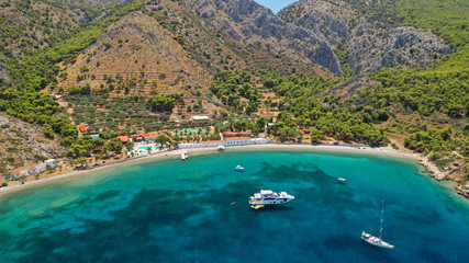 Aerial drone photo of small bay of Molos in picturesque island of Ydra or Hydra, Saronic gulf, Greece