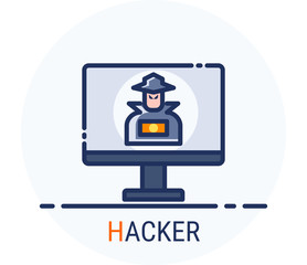 Filled Line Icons Style. Hacker Cyber crime attack Hacker for web design, ui, ux, mobile web, ads, magazine, book, poster.