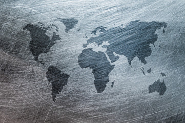 grunge map of the world over brushed metal texture