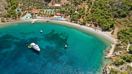 Naklejka na ściany i meble Aerial drone photo of small bay of Molos in picturesque island of Ydra or Hydra, Saronic gulf, Greece