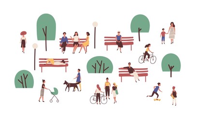 People walking, sitting on benches, skateboarding and riding bicycle outdoor. Cute funny men and women performing leisure and sports activities in park. Flat cartoon colorful vector illustration. - obrazy, fototapety, plakaty