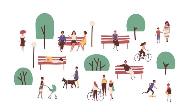 People walking, sitting on benches, skateboarding and riding bicycle outdoor. Cute funny men and women performing leisure and sports activities in park. Flat cartoon colorful vector illustration.