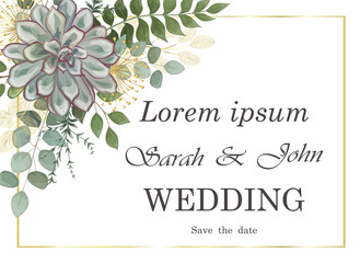 Wedding invitation with flowers and leaves, watercolor, isolated on white. Vector Watercolour.