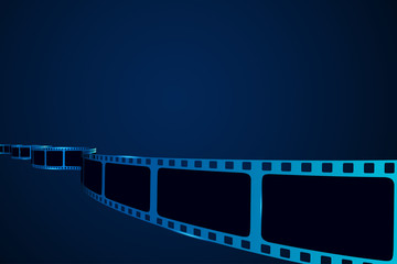 Realistic 3d film strip in perspective. Film reel stripe cinema isolated on blue background. Vector template cinema festival. Movie backdrop for brochure, leaflet, poster, tickets, banner or flyer