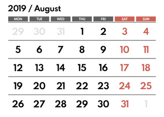 august 2019 vector office planner, first monday