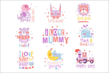 Fototapeta na wymiar Baby Nursery Room Print Design Templates Collection In Cute Girly Manner With Text Messages