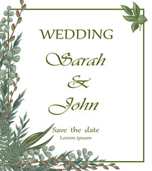 Wedding invitation with eucalyptus leaves, watercolor, isolated on white. Vector Watercolour.