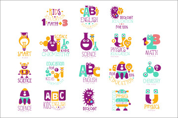 Kids Science Education Extra Curriculum Club Logo Templates In Colorful Cartoon Style With Smiling Characters