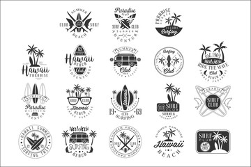 Hawaiian Beach Surfing Vacation Black And White Sign Design Templates With Text And Tools Silhouettes - obrazy, fototapety, plakaty