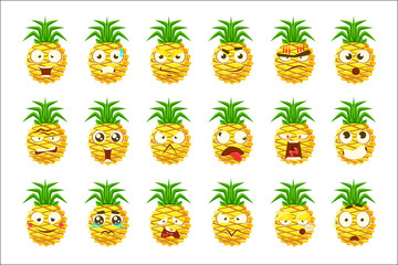 Pineapple Cartoon Emoji Portaraits Fith Different Emotional Facial Expressiona Set Of Cartoon Stickers