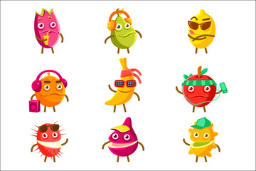 Tropical Fruit Cool Cartoon Characters On Vacation Set Of Colorful Stickers With Humanized Food Items