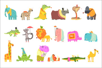 Obraz premium African Animals With Human Attributes And Clothing Set Of Comic Cartoon Characters