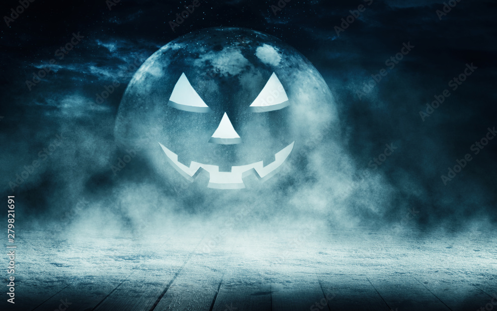 Poster Empty dark background. The light of the moon in the forest, moonlight through the trees in the forest. Wooden countertop. Pumpkin, background halloween