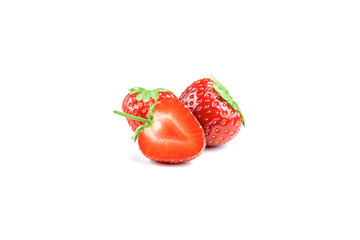 Strawberry isolated on white background. Two whole strawberry fruits and half isolated on white background