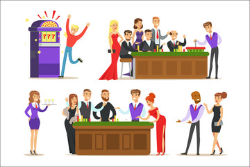 Obraz premium Gamblers In Chic Casino In Vegas Playing Cards, Roulette And Slot Machine Smiling Players, Waiters And Dealers Illustrations