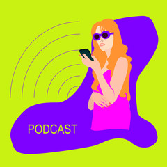 woman  in sun glasses and pink dress with mobile phone recording podcast