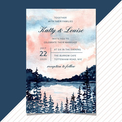 wedding invitation with lake landscape watercolor