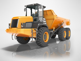 Obraz na płótnie Canvas Construction equipment orange dump trucks with articulated frame isolated 3d render on gray background with shadow