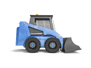 Construction machinery blue mini loader side view 3d render on white background with shadow