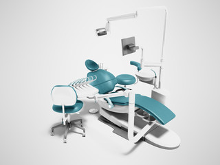 Dental unit blue leather chair of dentist and an assistants chair 3d render on gray background with shadow
