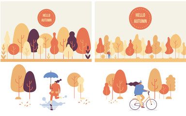 Colorful Autumn park flat vector set. Autumn park landscape. Different People in warm clothes having fun outdoors in urban park.  Autumn park with people illustration. 