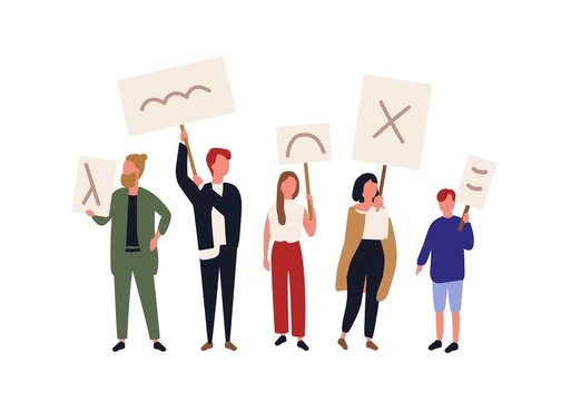 Group of political activists holding banners and placards. People taking part in picketing, mass meeting, parade or rally, demonstration. Protesting men and women. Flat cartoon vector illustration.