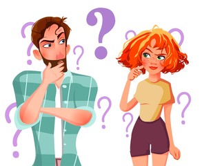 People with question marks vector illustration. Man and woman with question, thinking guy. Vector illustration.