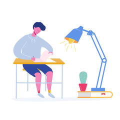 School boy doing lessons, child or student going to school, college or university. Science and education concept. Vector illustration