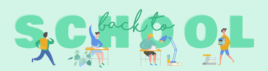 Set of pupils, school children, students going to school, college, university. Sitting school girl and school boy, student with books. Science and education print concept poster. Vector illustration