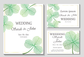 Set Wedding invitation with clover leaves, isolated on white.  Vector illustration.