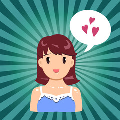 Vector illustration, smiling flat girl feeling love on a striped background. Speech bubble.