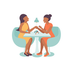 Spa salon, manicure and hand treatment, nails polishing. Isolated flat illustration of happy women manicurist and client.