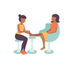 Pedicure salon illustration, characters  Pedicurist woman working on massage and pedicure of client. Flat vector design. 