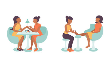 Pedicure and manicure salon illustration, characters  pedicurist and manicurist  woman working. Massage and pedicure, hand treatment, nails polishing of client. Flat vector design.