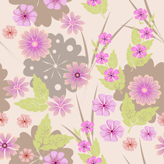 Vector seamless floral pattern with pink small different decorative flowers over light background for the design of fabric in pastel fashion colors.