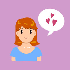Vector illustration, smiling flat girl feeling love on a pink background. With a speech bubble.
