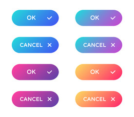 ok cancel web buttons set. filled ui web buttons in flat style. rounded vector buttons on trendy gradients with symbols for web and ui design