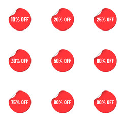 round red discount stickers. bent labels isolated on white background. discount from 10 to 90 percents off