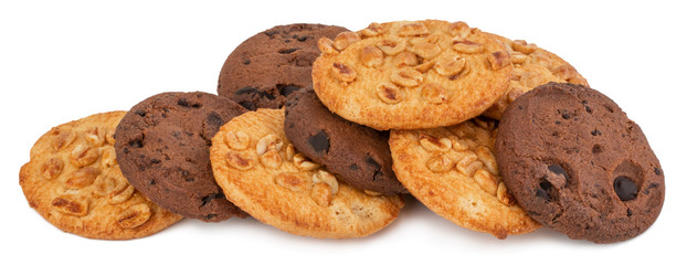 homemade chocolate chip cookie and cookies with peanut on white background