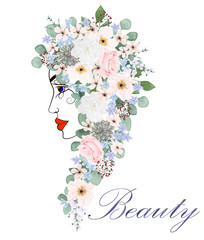 Beauty women with flowers hair. Vector illustration.