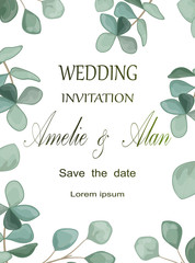 Wedding invitation with eucalyptus leaves, watercolor, isolated on white. Vector Watercolour.