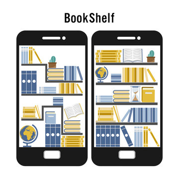 Micro Learning Concept. Set Of Book In Online Library On Smart Mobile Phone And Flat Icon Design Vector Illustration.